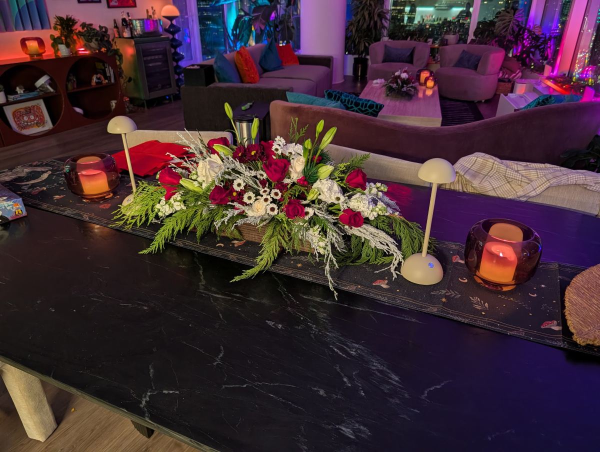 Long red and white rose table centerpiece