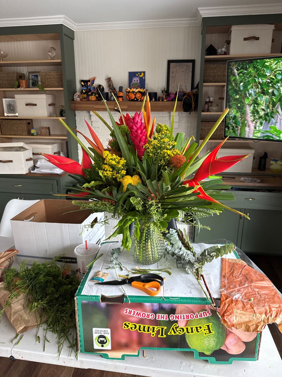 Tropical arrangement with ginger and heliconia
