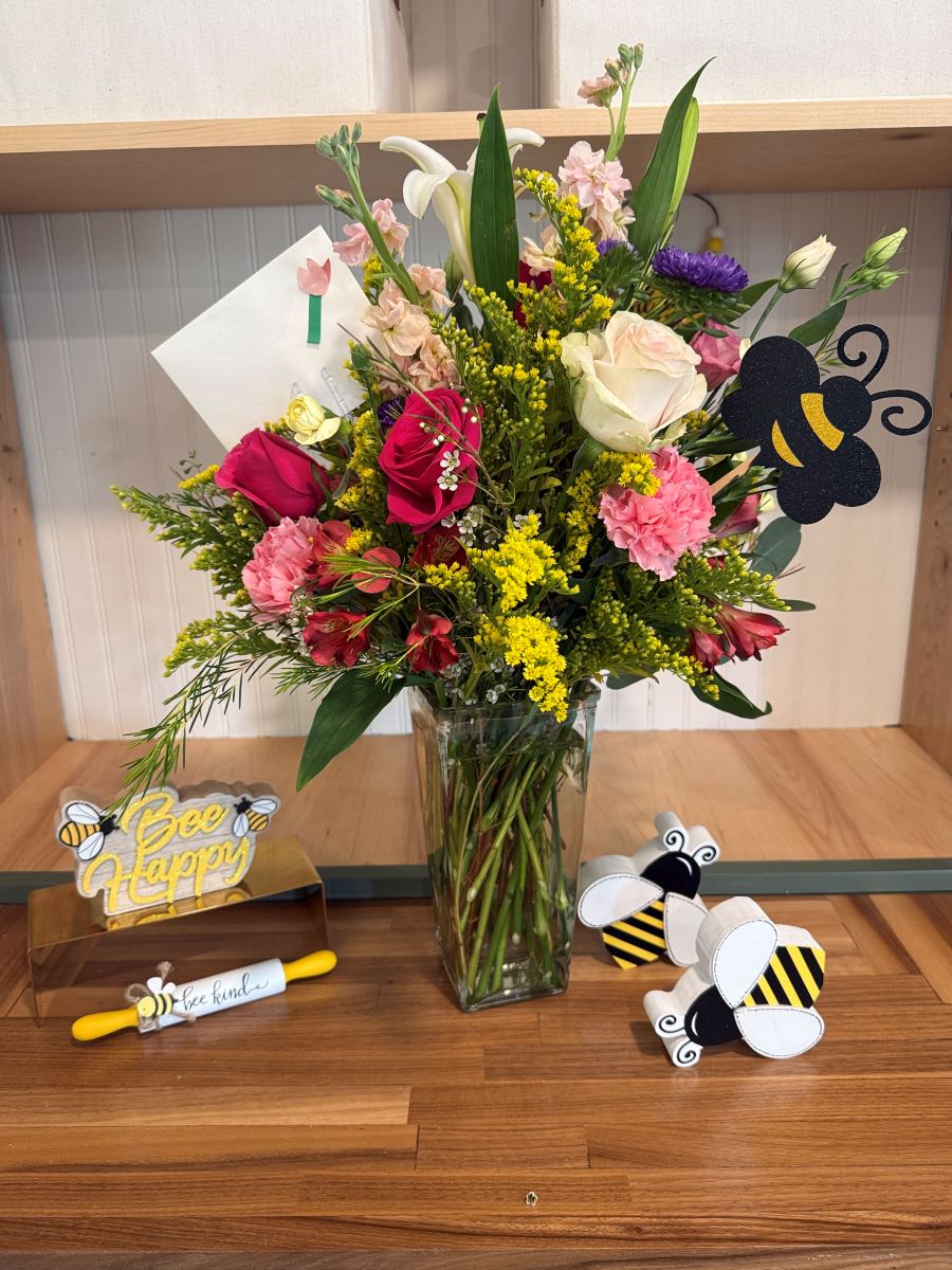 Red and pink Bee Happy arrangement